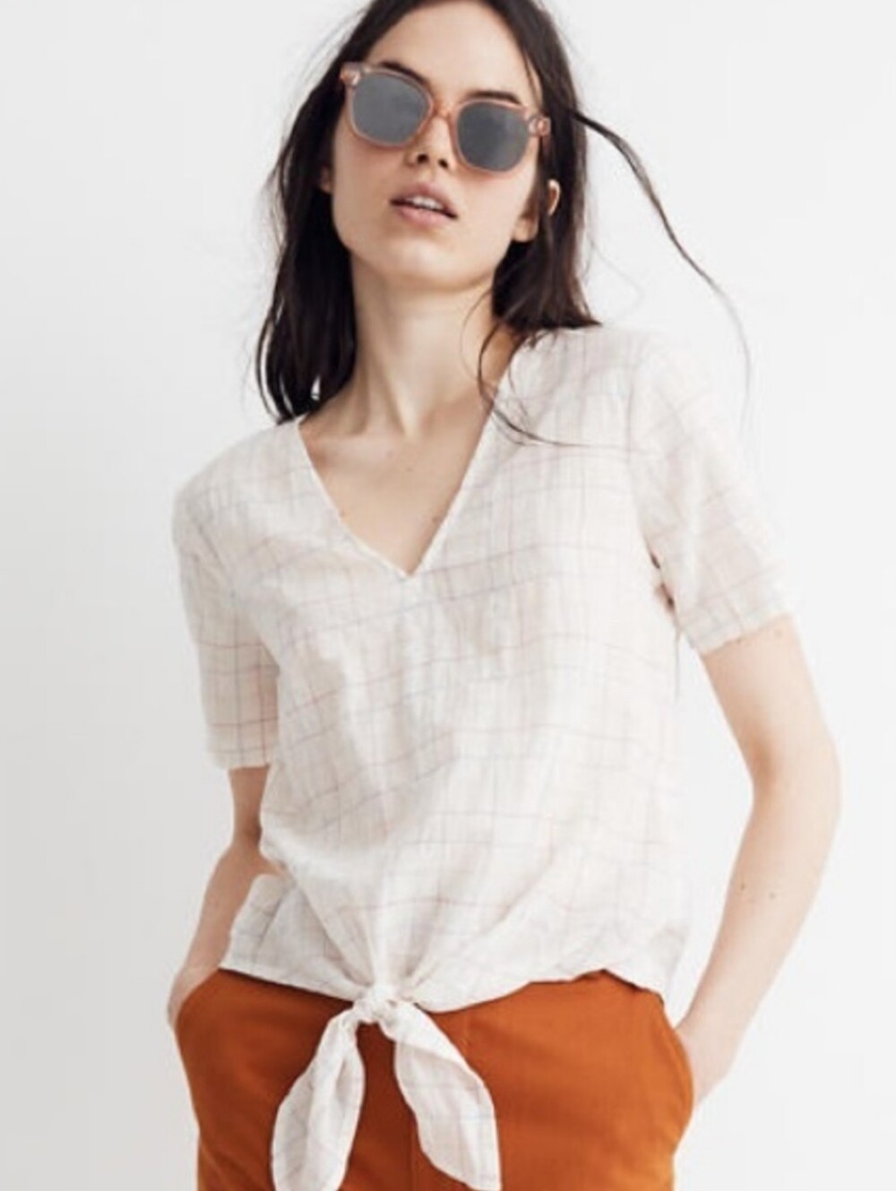 Madewell Off White Cream Windowpane Tie-Front V-Neck Top Size Small